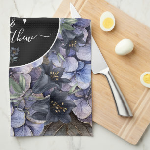 Moody Black Floral Classic Couple Names Wedding Kitchen Towel