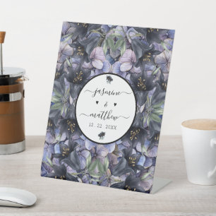 Moody Black Floral Classic Couple Names Wedding Pedestal Sign
