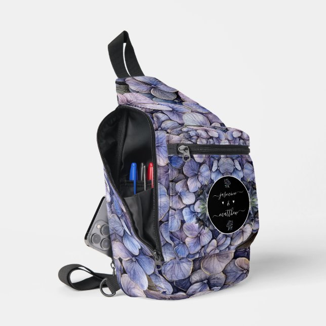 Moody Black Floral Classic Couple Names Wedding Sling Bag (Open)