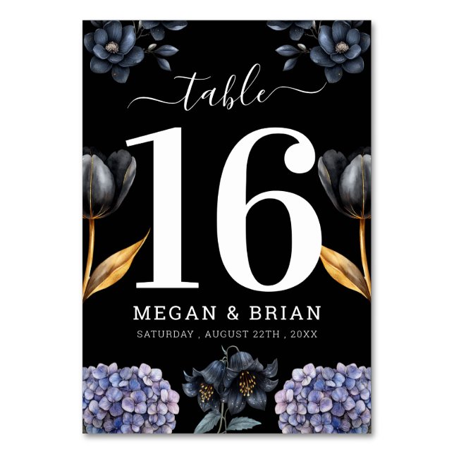 Moody Black Floral Classic Script Floral Wedding Table Number (Front)