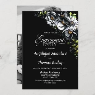 Moody Black Floral Custom Photo Engagement Party Invitation