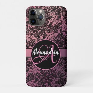 Moody Black Floral on Pink Monogram iPhone 11 Pro Case