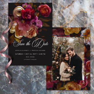 Moody Black Floral Painterly Red Burgundy Photo Save The Date