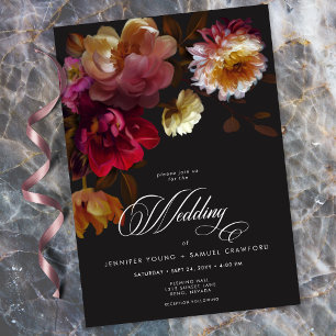 Moody Black Floral Painterly Red Burgundy Wedding Invitation