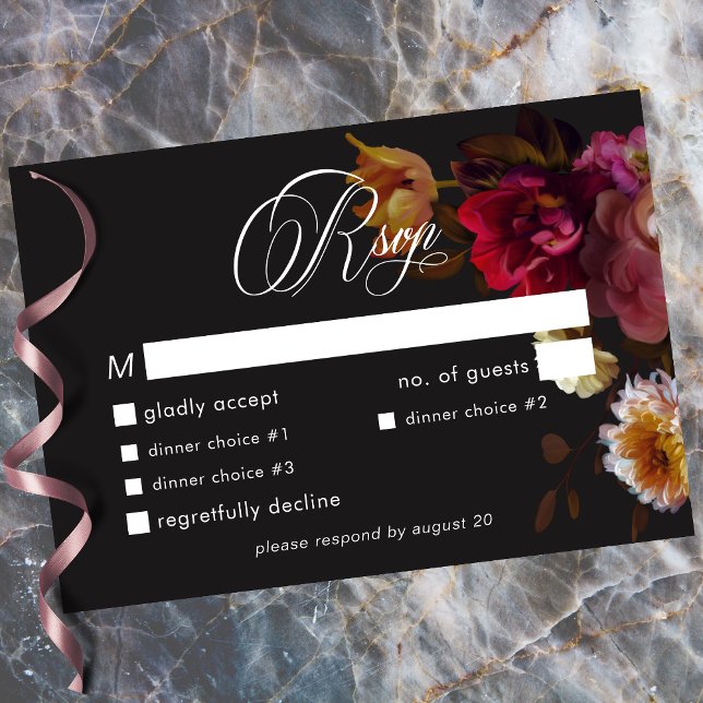 Moody Black Floral Painterly Red Burgundy Wedding RSVP Card (Moody Black Floral Painterly Red Burgundy Wedding RSVP Card)