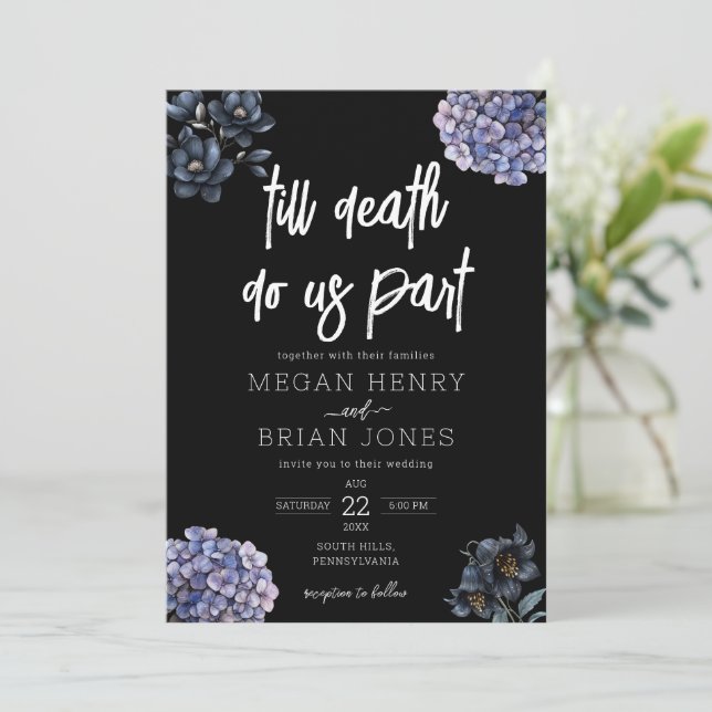 Moody Black Floral Till Death Do Us Part Wedding Invitation (Standing Front)