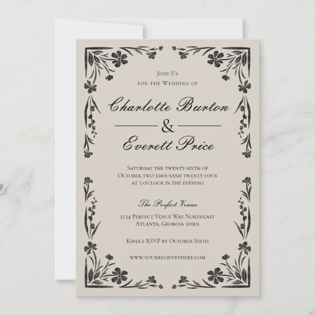 Moody Black Floral Wedding Invitation (Front)