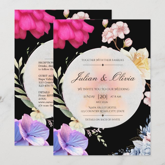 Moody Black Floral Wedding Invitation Suite (Front/Back)