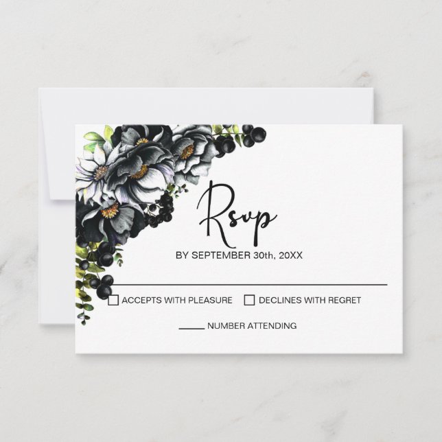 Moody Black Floral Wedding RSVP Card (Front)