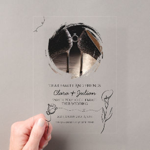 Moody Black Hand Drawn Floral Elegance Acrylic Invitations