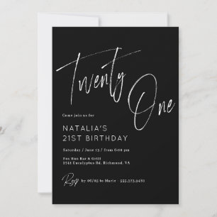 Moody Black   Modern Brush Script 21st Birthday Invitation