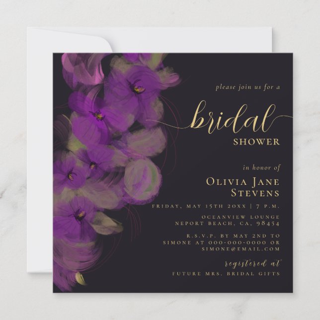 Moody Black Purple Orchids Wreath Bridal Shower Invitation (Front)