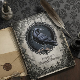 Moody Black Raven Gothic Dark Academia Floral Notebook