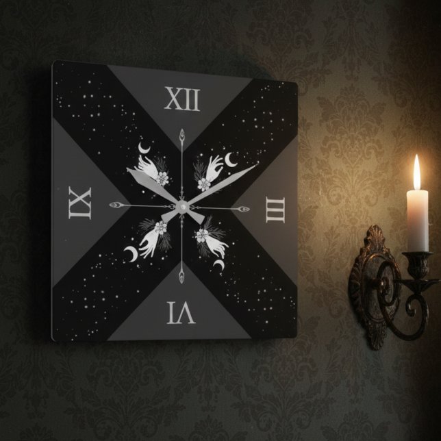 Moody Black Silver Witchy Goth Home Décor Square Wall Clock (Introduce an element of mystery and gothic elegance with a stunning witchy clock)
