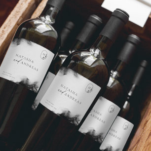 Moody Black Watercolor Minimalist Wedding Wine Label