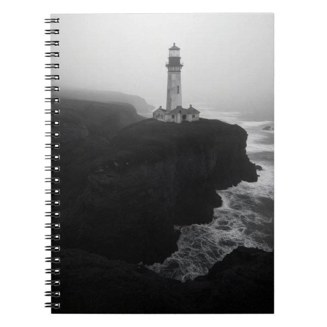Moody Black White Coastal Lighthouse Notebook (Front)