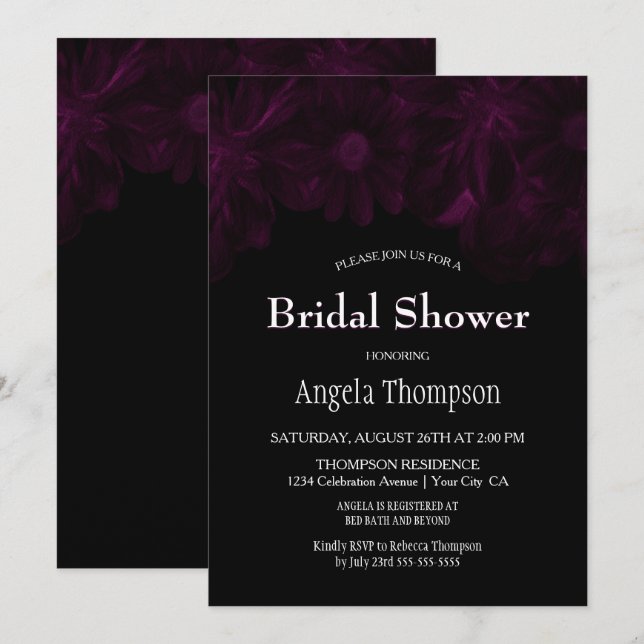 Moody Black with Pink Floral Bridal Shower Invitation (Front/Back)
