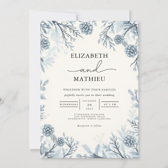 Moody Blue Botanical Flourish Wedding Invitation (Front)