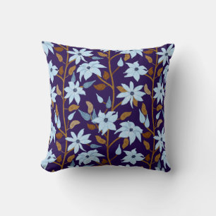 Moody Blue Clematis Trailing Floral Pattern  Throw Pillow