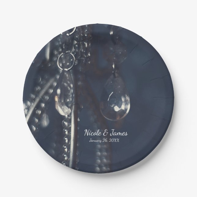 Moody Blue Crystal Elegant Romantic Chic Wedding Paper Plate (Front)