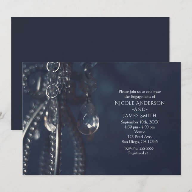 Moody Blue Elegant Crystal Fiançailles Invitations (Devant / Derrière)