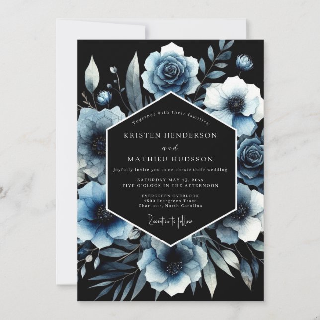 Moody Blue Floral Arch Wedding Invitation (Front)