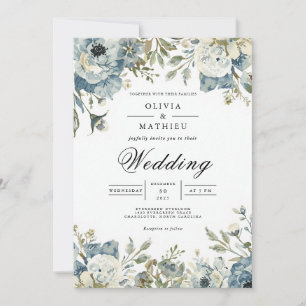 Moody Blue Floral Archway Wedding Invitation