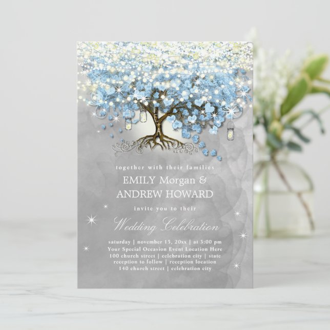 Moody Blue Grey Silver Heart Leaf Tree Wedding Invitation (Standing Front)