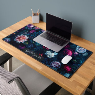 Moody Blue Rose Floral Dark Teal Personalized Desk Mat