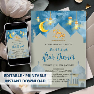 Moody Blue Watercolor Mosque Iftar Dinner Invitation
