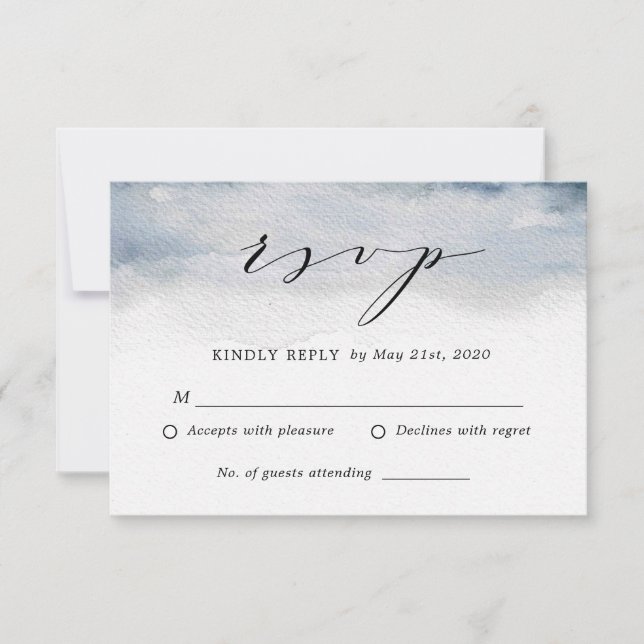 Moody Blue Watercolor Wedding RSVP reply Card (Front)