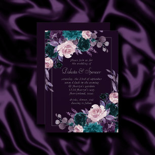 Moody Boho Dark Eggplant Purple and Teal Bouquet Invitation