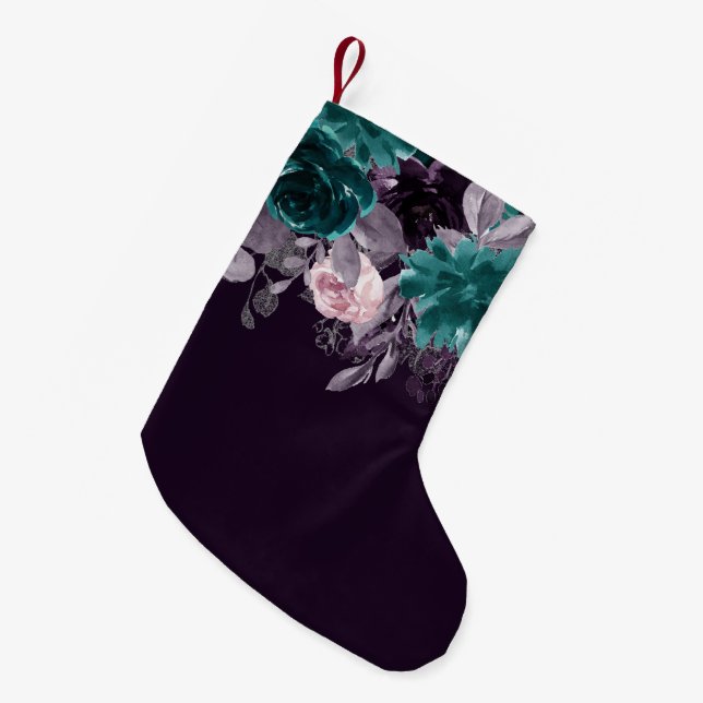 Moody Boho | Dark Eggplant Purple and Teal Floral Small Christmas Stocking (Front (Hanging))