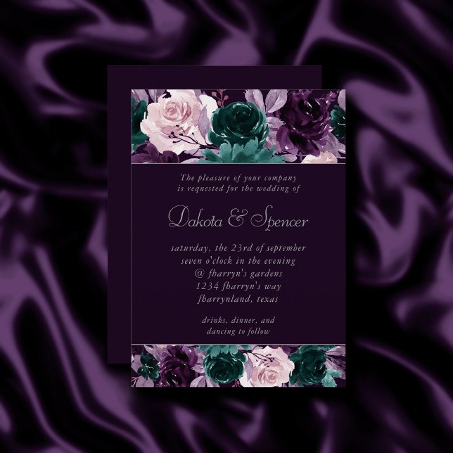 Moody Boho | Dark Eggplant Purple and Teal Garland Invitation (Creator Uploaded)