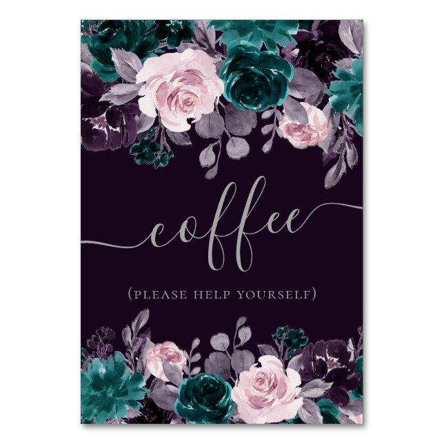 Moody Boho | Dark Eggplant Purple and Teal Treat Table Number (Front)