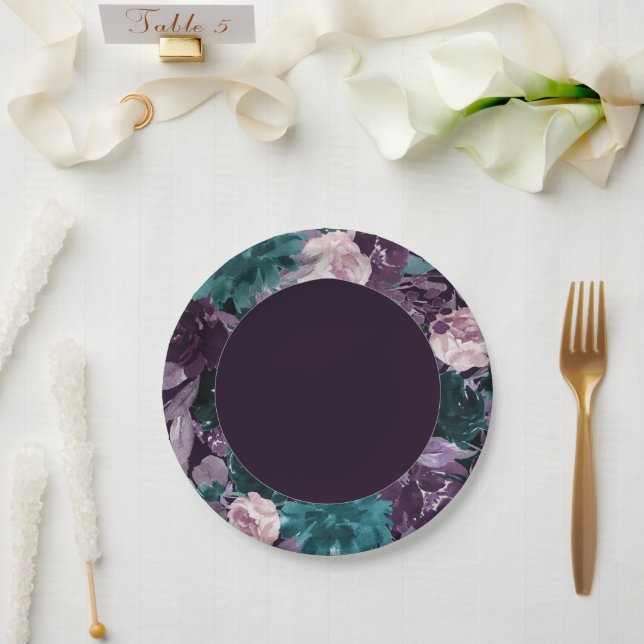 Moody Boho | Dark Eggplant Purple and Teal Wreath Paper Plate (Wedding)