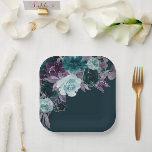 Moody Boho   Deep Teal and Eggplant Purple Bouquet Paper Plate
