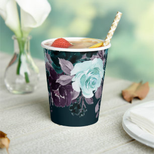 Moody Boho Deep Teal and Purple Floral Garland Paper Cups