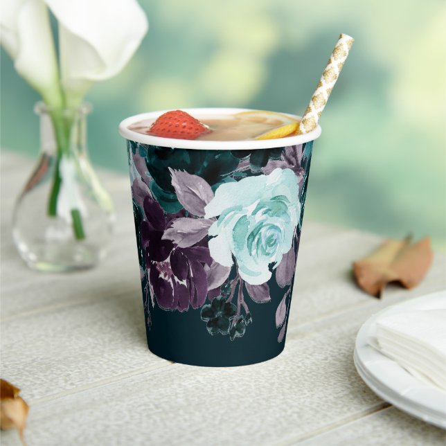 Moody Boho | Deep Teal and Purple Floral Garland Paper Cups (Insitu)
