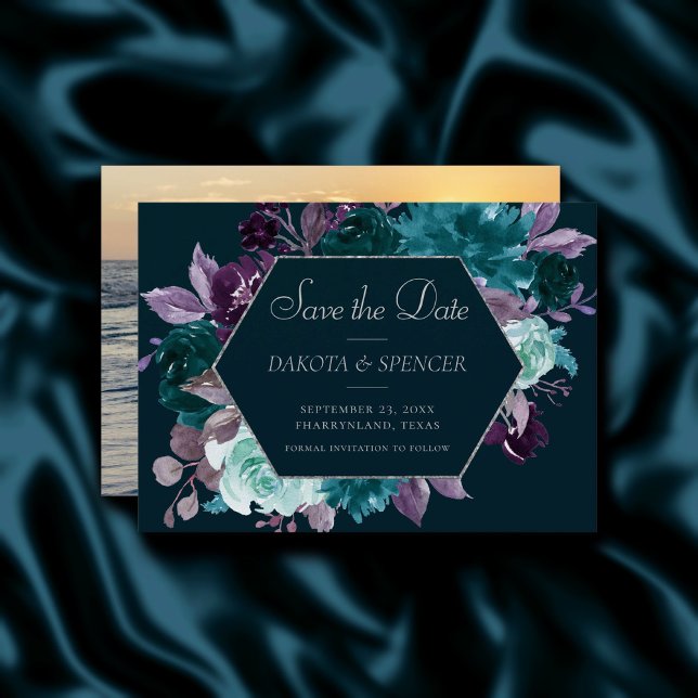 Moody Boho | Deep Teal and Purple Garland Photo Save The Date (Creator Uploaded)