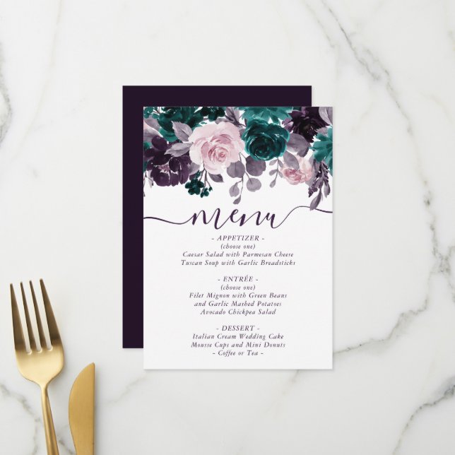 Moody Boho | Eggplant Plum Purple Floral Wedding Menu (Front/Back In Situ)