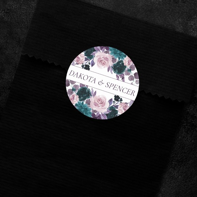 Moody Boho | Eggplant Purple and Teal Bouquets Classic Round Sticker (Creator Uploaded)