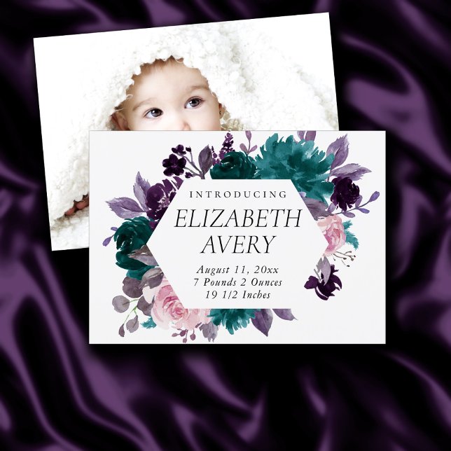 Moody Boho | Eggplant Purple and Teal Photo Birth Announcement (Creator Uploaded)