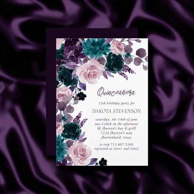 Moody Boho | Eggplant Purple and Teal Quinceanera Invitation (Creator Uploaded)