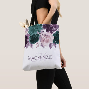 Moody Boho   Eggplant Purple and Teal Rose Custom Tote Bag