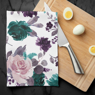 Moody Boho   Eggplant Purple and Teal Rose Pattern Kitchen Towel