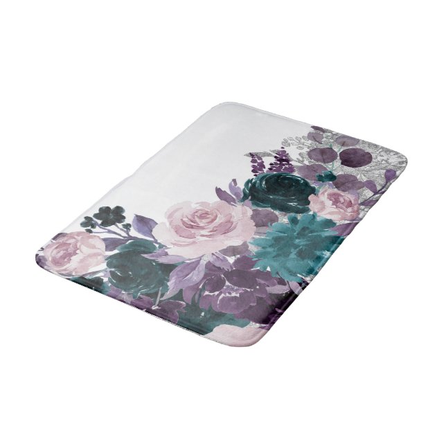 Moody Boho | Eggplant Purple and Teal Rose Shimmer Bath Mat (Angled)