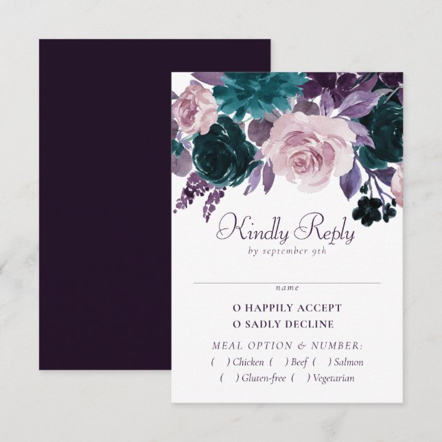 Moody Boho | Eggplant Purple Dark Floral Entree RSVP Card (Front/Back)