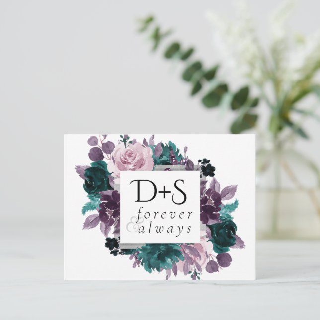 Moody Boho | Eggplant Purple Teal Save the Date Announcement Postcard (Standing Front)