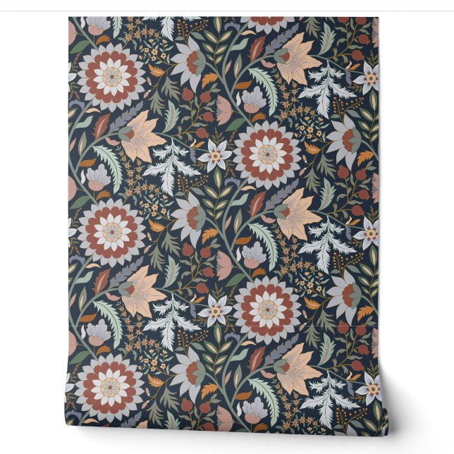 Moody Boho Indian floral with Dark Blue background Wallpaper (Unrolling)
